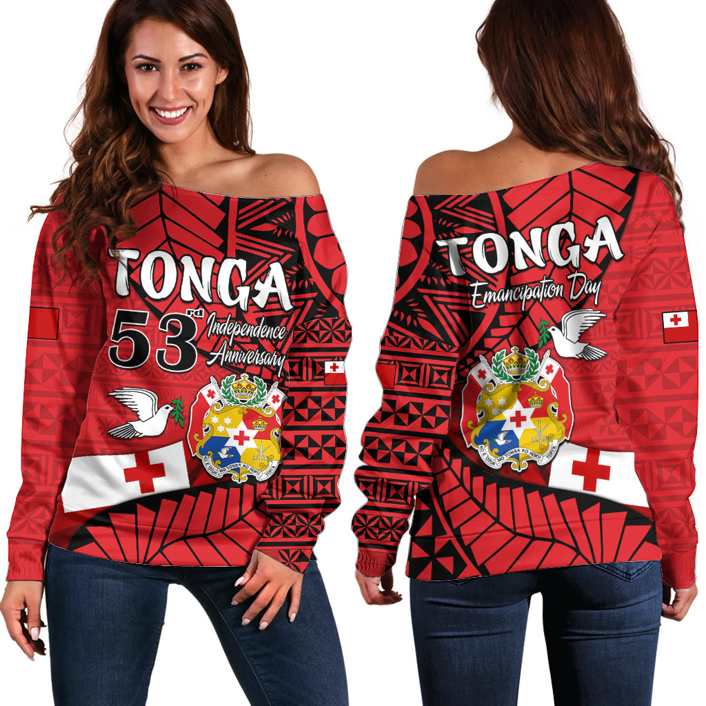 Tonga Emancipation Day Off Shoulder Sweater Happy 53rd Independence Anniversary LT9 Women Red - Polynesian Pride