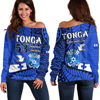 Tonga Emancipation Day Off Shoulder Sweater Happy 53rd Independence Anniversary Blue Version LT9 Women Blue - Polynesian Pride