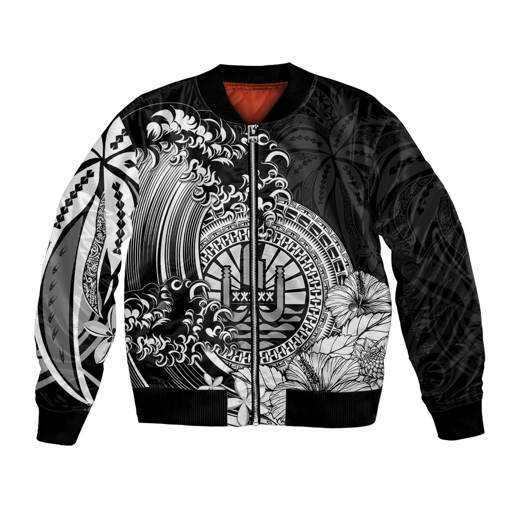 Polynesian Tahiti Island Bomber Jacket The Wave of Water - Black LT9 Unisex Black - Polynesian Pride