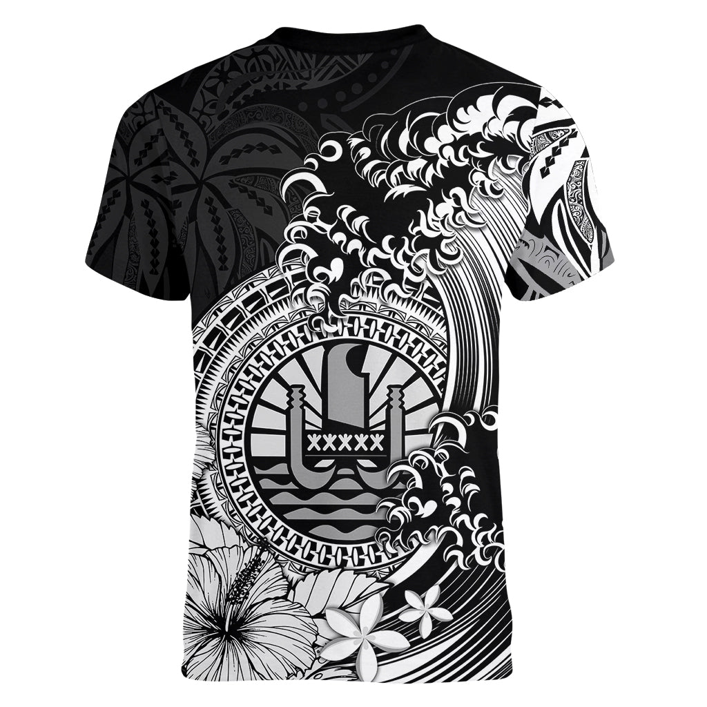 Polynesian Tahiti Island Women V Neck T Shirt The Wave of Water - Black LT9 - Polynesian Pride