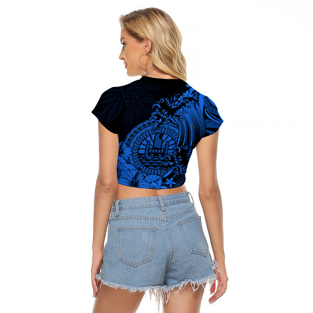 Polynesian Tahiti Island Raglan Cropped T Shirt The Wave of Water - Blue LT9 - Polynesian Pride