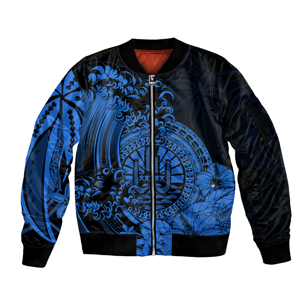 Polynesian Tahiti Island Sleeve Zip Bomber Jacket The Wave of Water - Blue LT9 Unisex Blue - Polynesian Pride