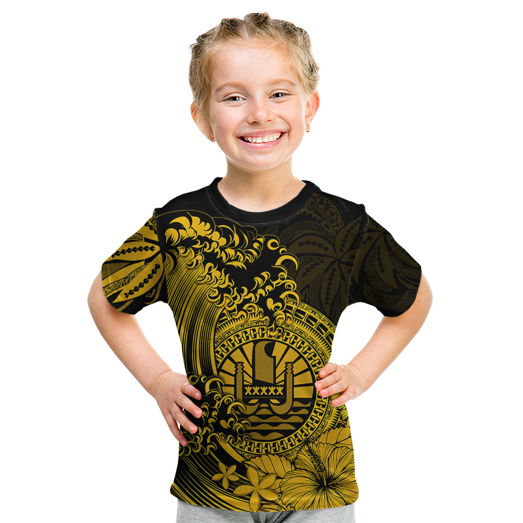 Polynesian Tahiti Island Kid T Shirt The Wave of Water - Gold LT9 - Polynesian Pride