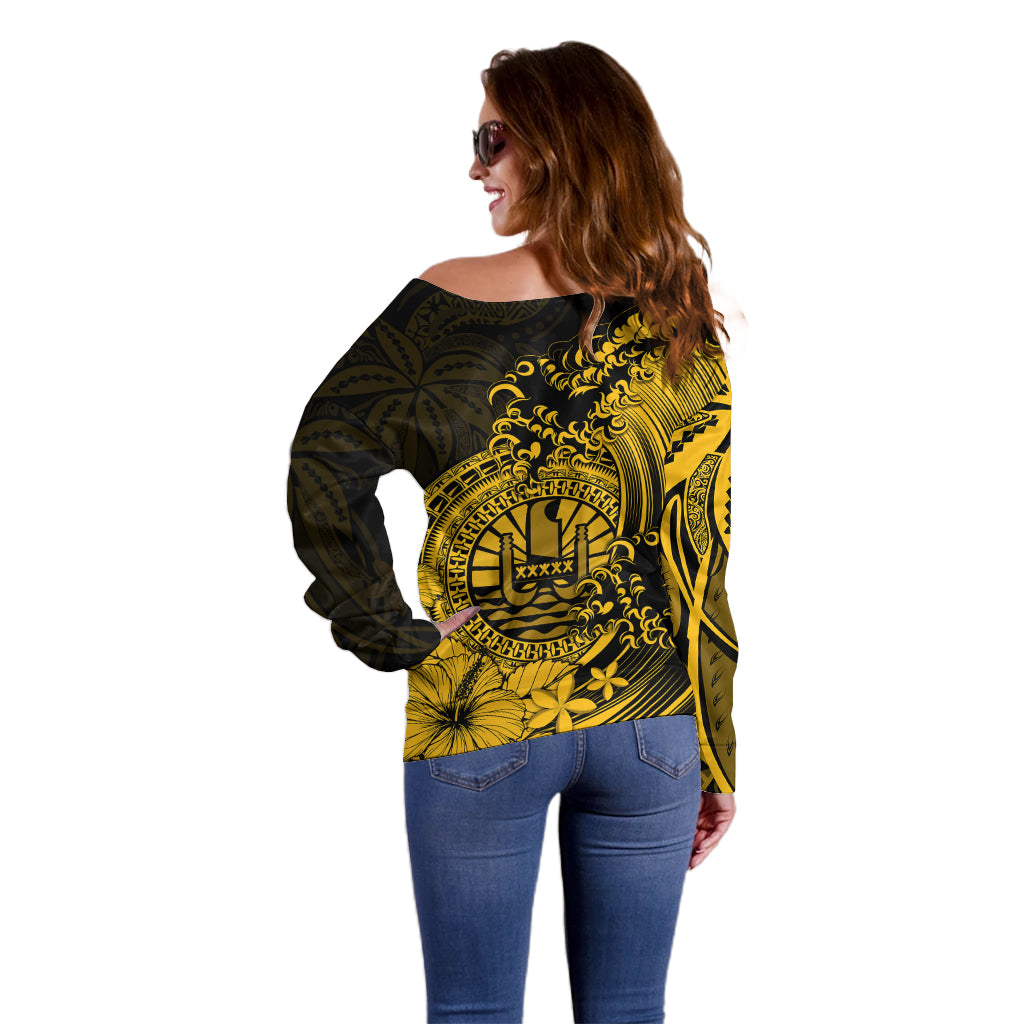 Polynesian Tahiti Island Off Shoulder Sweater The Wave of Water - Gold LT9 - Polynesian Pride