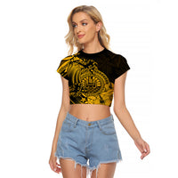 Polynesian Tahiti Island Raglan Cropped T Shirt The Wave of Water - Gold LT9 Female Gold - Polynesian Pride