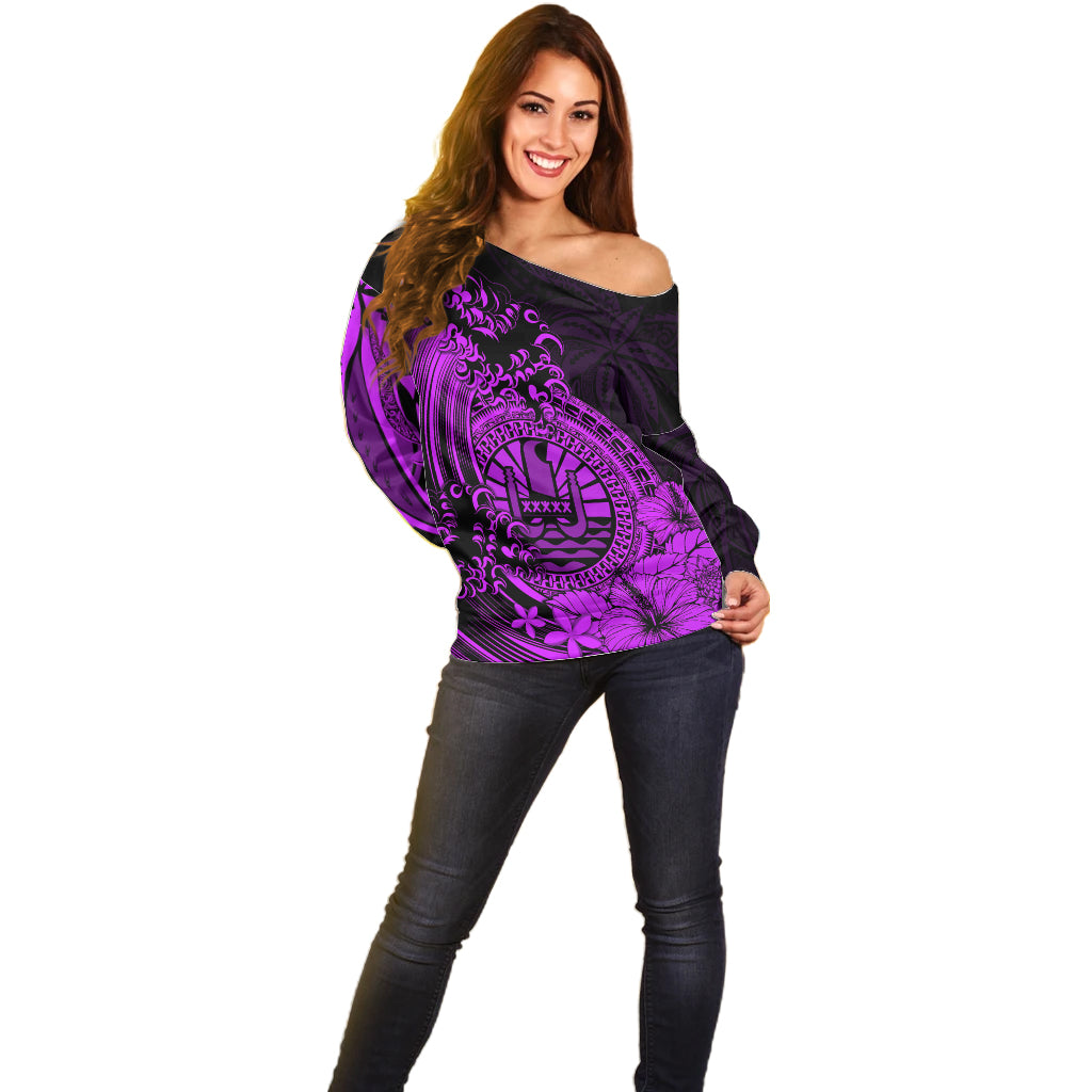 Polynesian Tahiti Island Off Shoulder Sweater The Wave of Water - Purple LT9 - Polynesian Pride