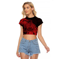Polynesian Tahiti Island Raglan Cropped T Shirt The Wave of Water - Red LT9 Female Red - Polynesian Pride