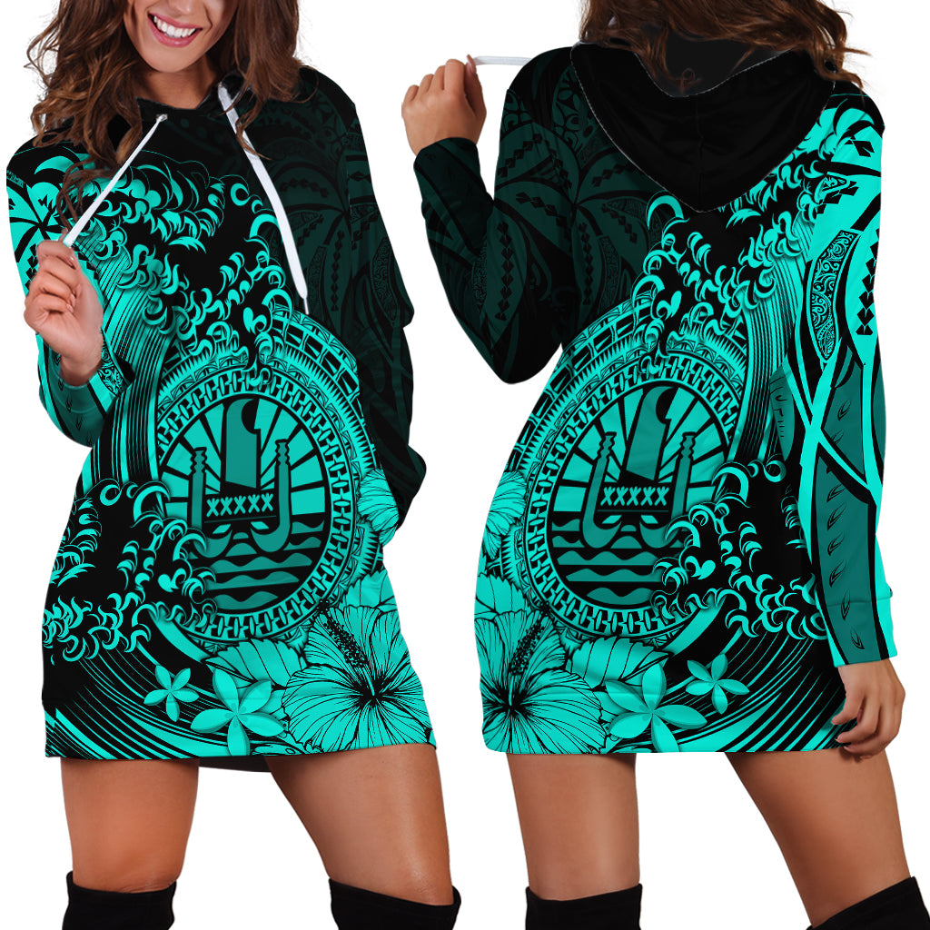 Polynesian Tahiti Island Hoodie Dress The Wave of Water - Turquoise LT9 Turquoise - Polynesian Pride