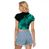 Polynesian Tahiti Island Raglan Cropped T Shirt The Wave of Water - Turquoise LT9 - Polynesian Pride