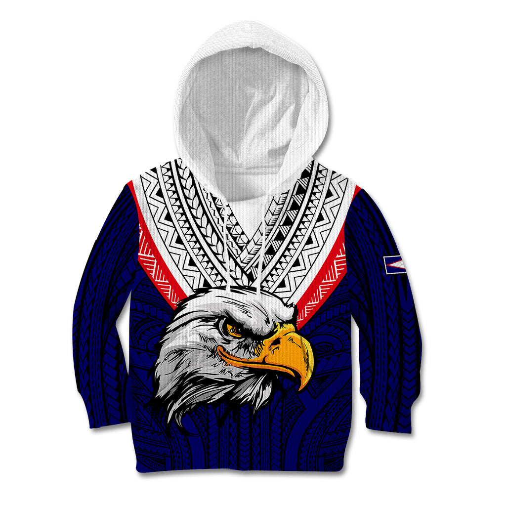 American Samoa Kid Hoodie Bald Eagle with Polynesian Pattern LT9 Blue - Polynesian Pride