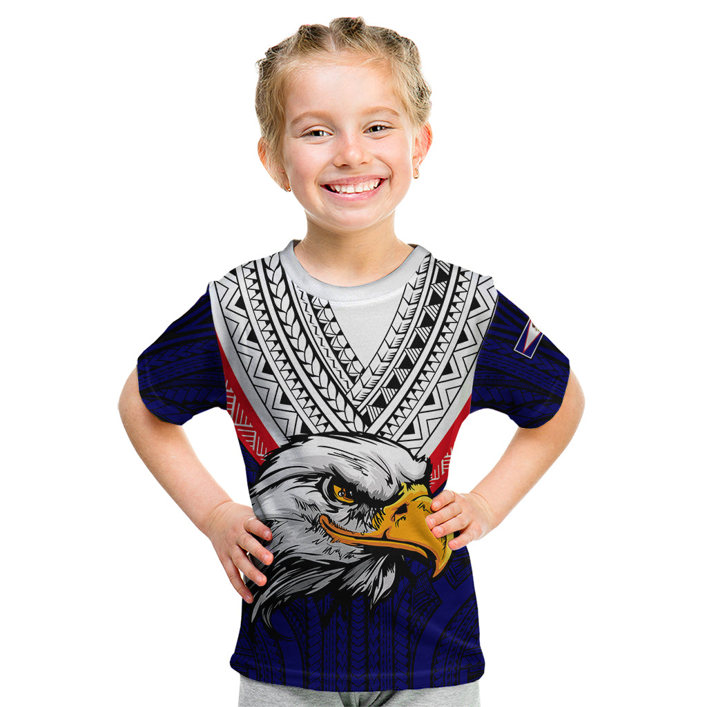 American Samoa Kid T Shirt Bald Eagle with Polynesian Pattern LT9 Blue - Polynesian Pride