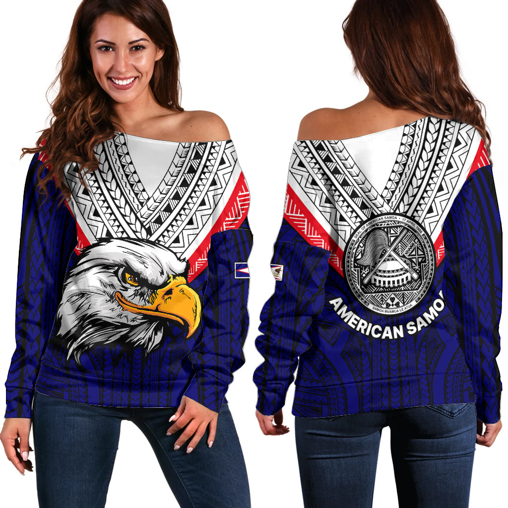 American Samoa Off Shoulder Sweater Bald Eagle with Polynesian Pattern LT9 Women Blue - Polynesian Pride