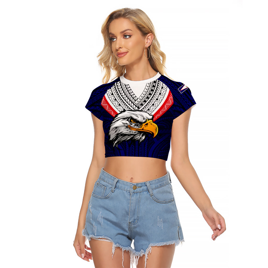 American Samoa Raglan Cropped T Shirt Bald Eagle with Polynesian Pattern LT9 Female Blue - Polynesian Pride