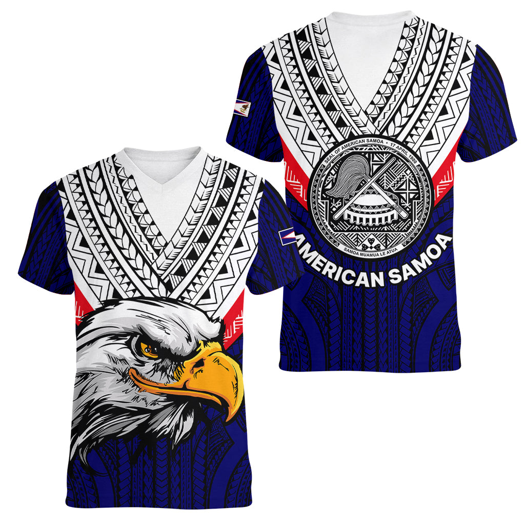 American Samoa Women V Neck T Shirt Bald Eagle with Polynesian Pattern LT9 Female Blue - Polynesian Pride