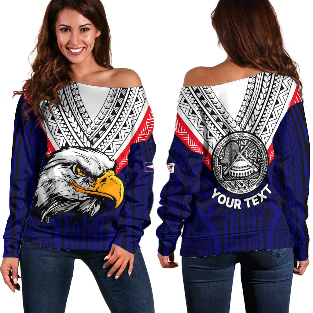 (Custom Personalised) American Samoa Off Shoulder Sweater Bald Eagle with Polynesian Pattern LT9 Women Blue - Polynesian Pride