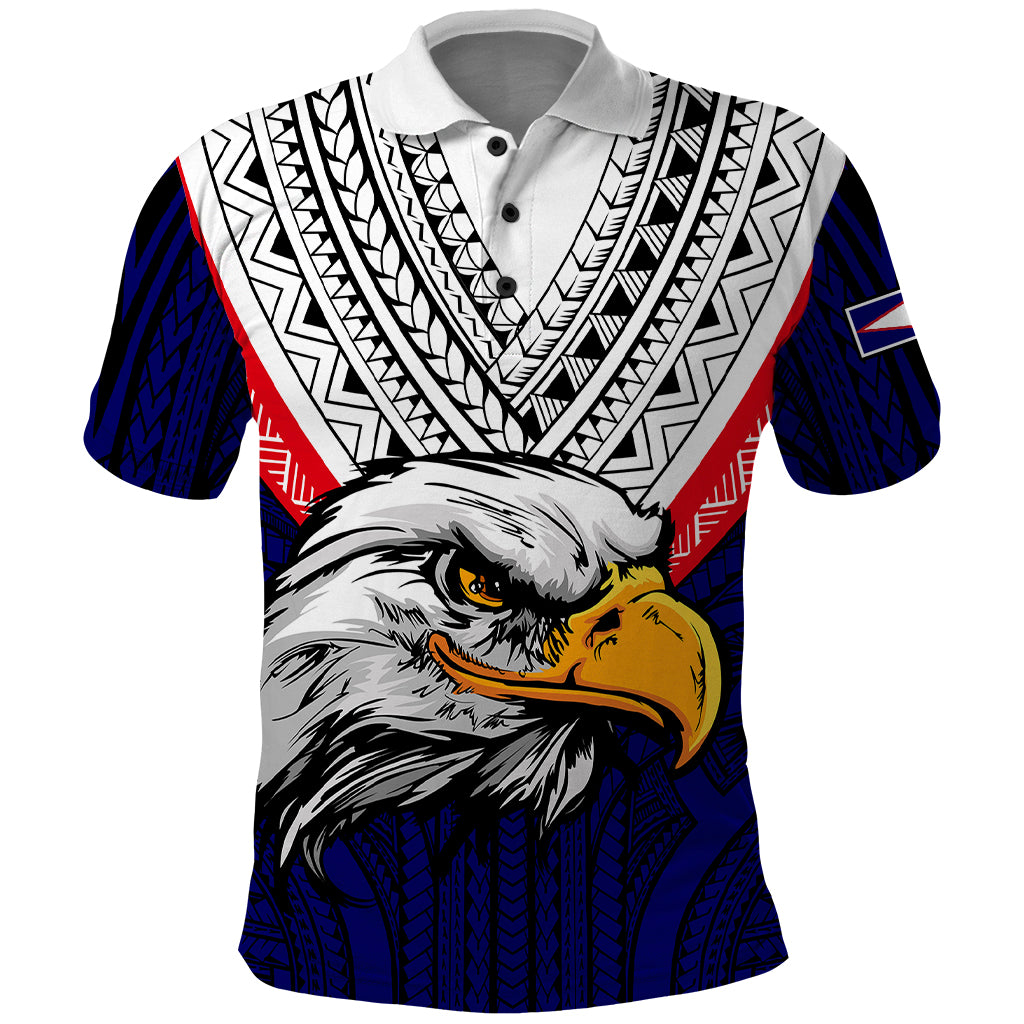 Custom American Samoa Polo Shirt Bald Eagle with Polynesian Pattern LT9 Blue - Polynesian Pride