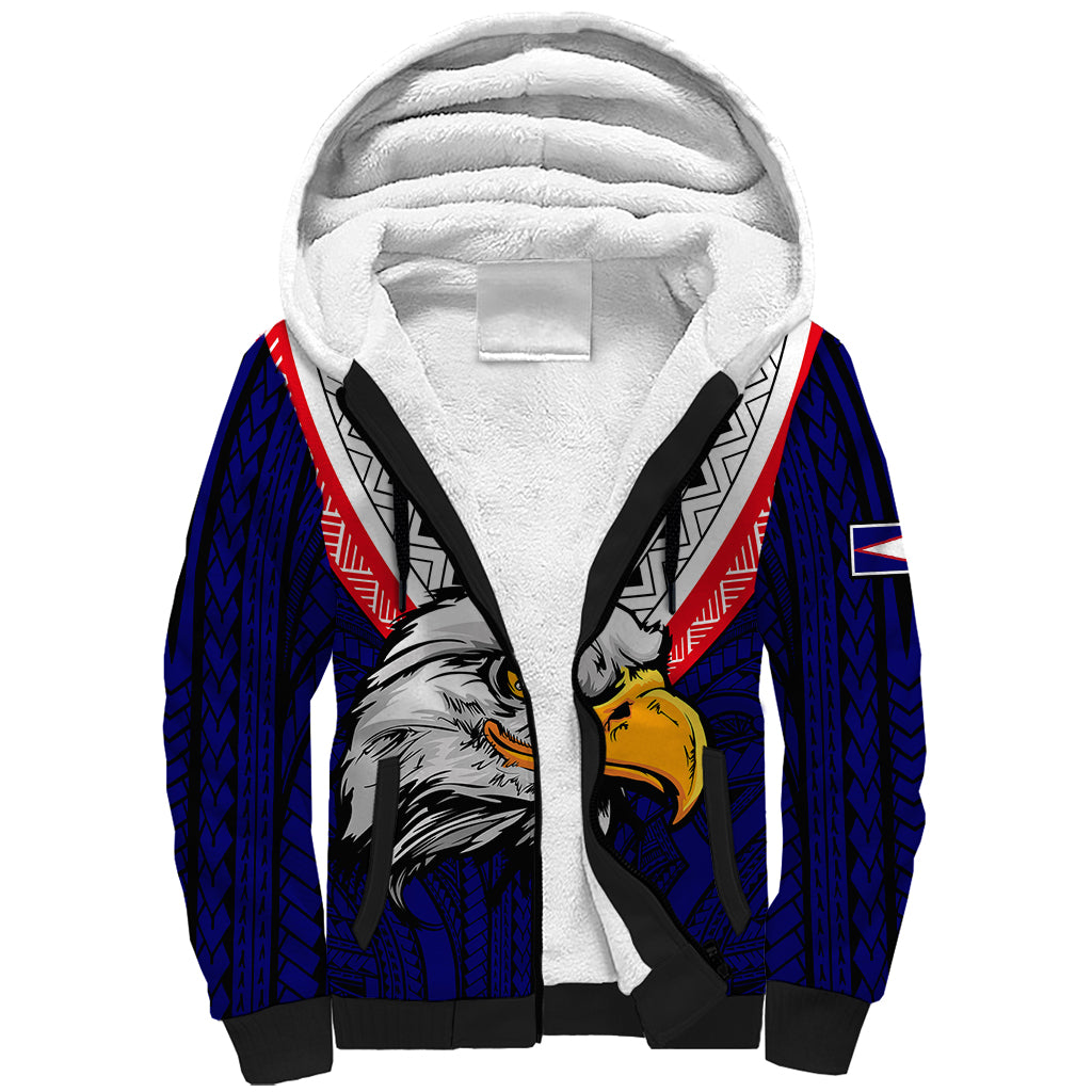 (Custom Personalised) American Samoa Sherpa Hoodie Bald Eagle with Polynesian Pattern LT9 Unisex Blue - Polynesian Pride