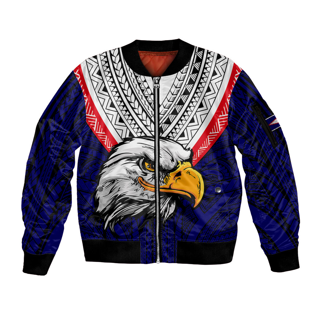 (Custom Personalised) American Samoa Sleeve Zip Bomber Jacket Bald Eagle with Polynesian Pattern LT9 Unisex Blue - Polynesian Pride