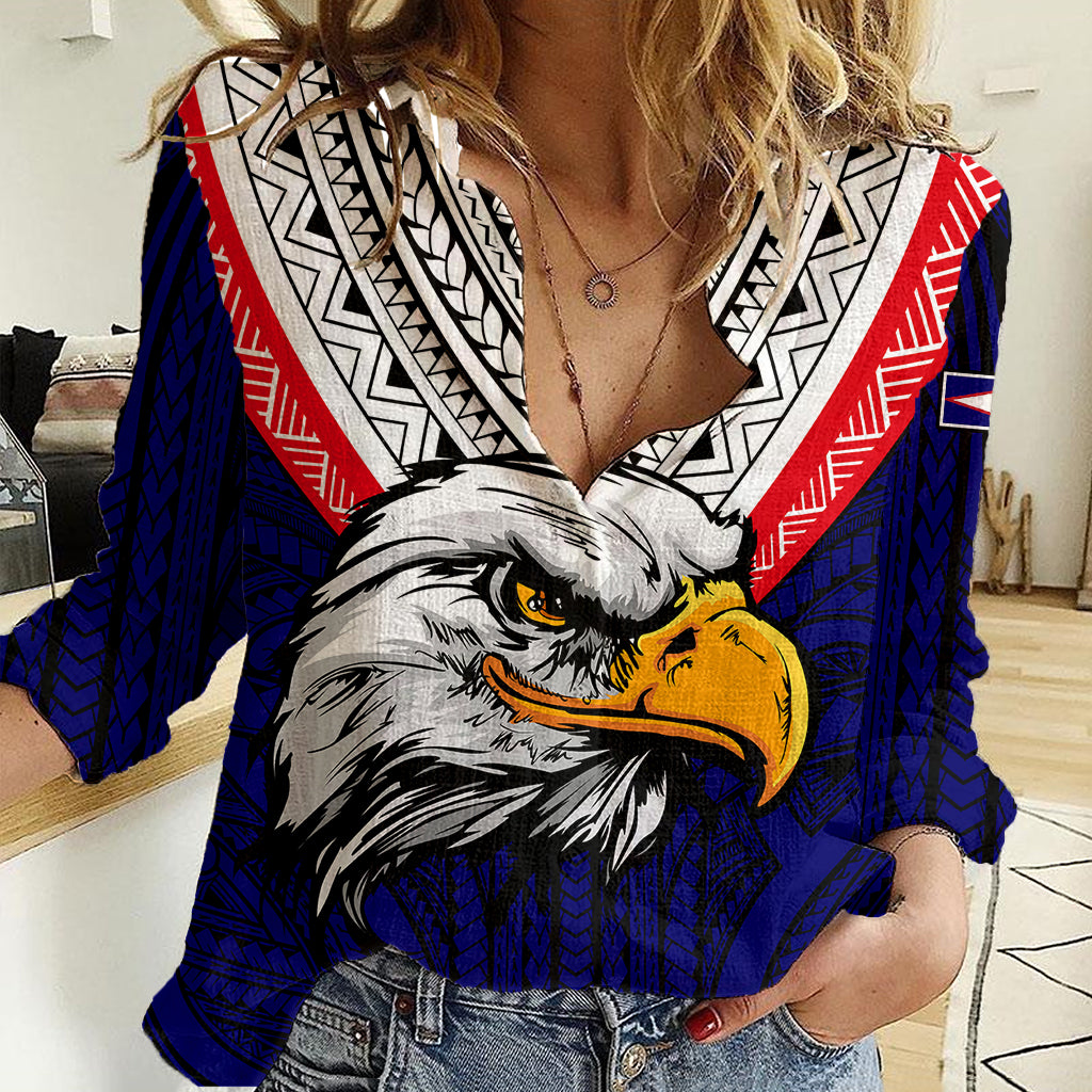 (Custom Personalised) American Samoa Women Casual Shirt Bald Eagle with Polynesian Pattern LT9 Female Blue - Polynesian Pride