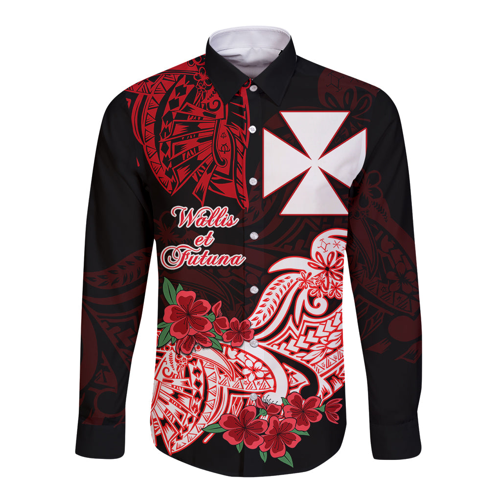 Wallis et Futuna Long Sleeve Button Shirt Polynesian Floral Tribal LT9 Unisex Black - Polynesian Pride