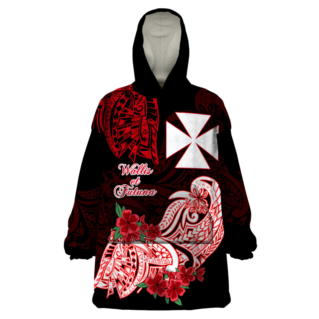 Wallis et Futuna Wearable Blanket Hoodie Polynesian Floral Tribal LT9 One Size Black - Polynesian Pride