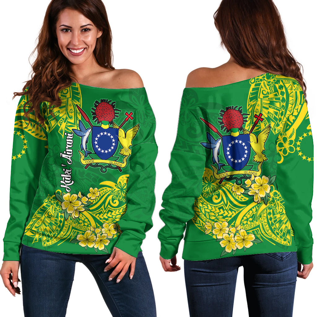 Cook Island Off Shoulder Sweater Polynesian Floral Tribal LT9 Women Green - Polynesian Pride