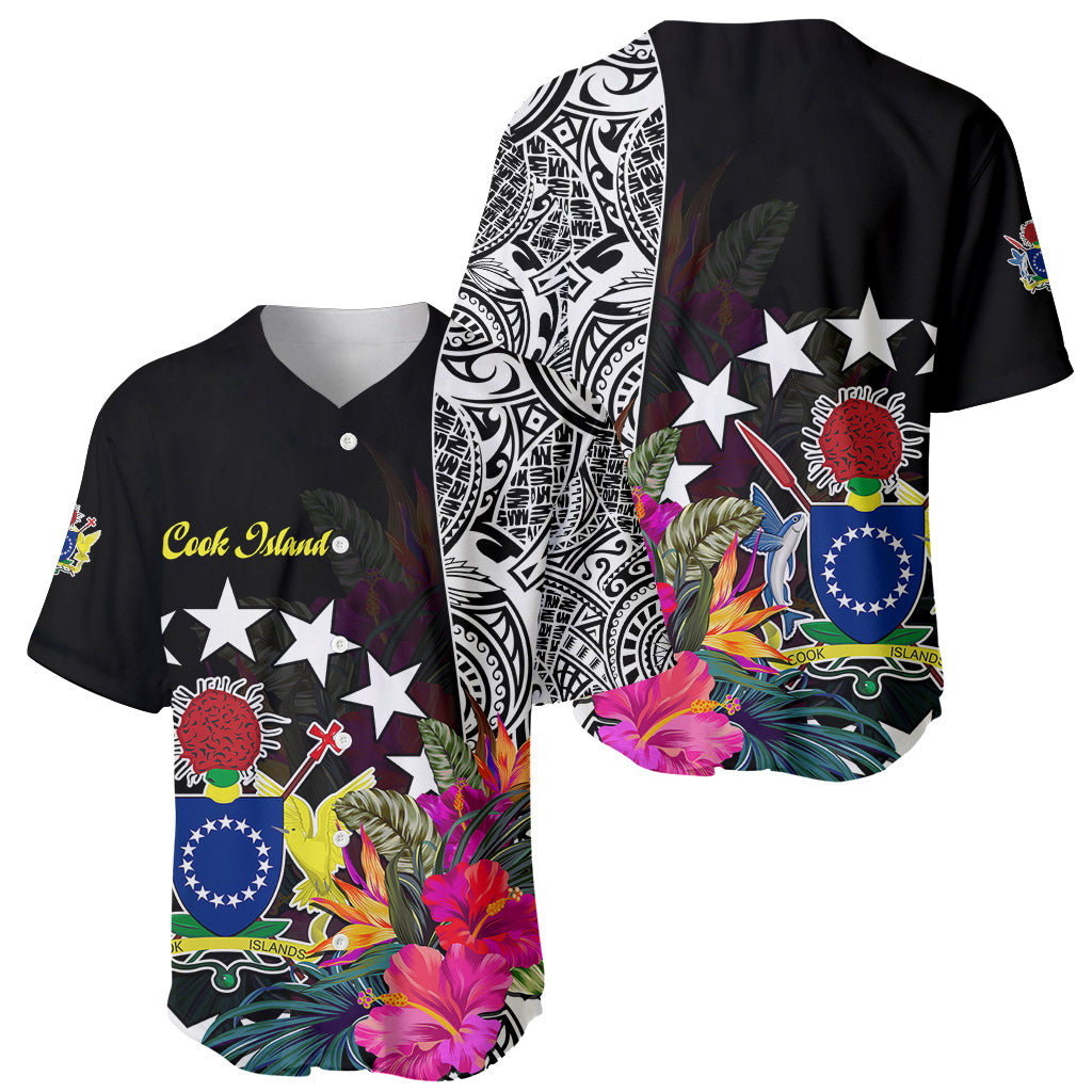 Cook Island Baseball Jersey Tribal Polynesian and Tropical Flowers LT9 Black - Polynesian Pride