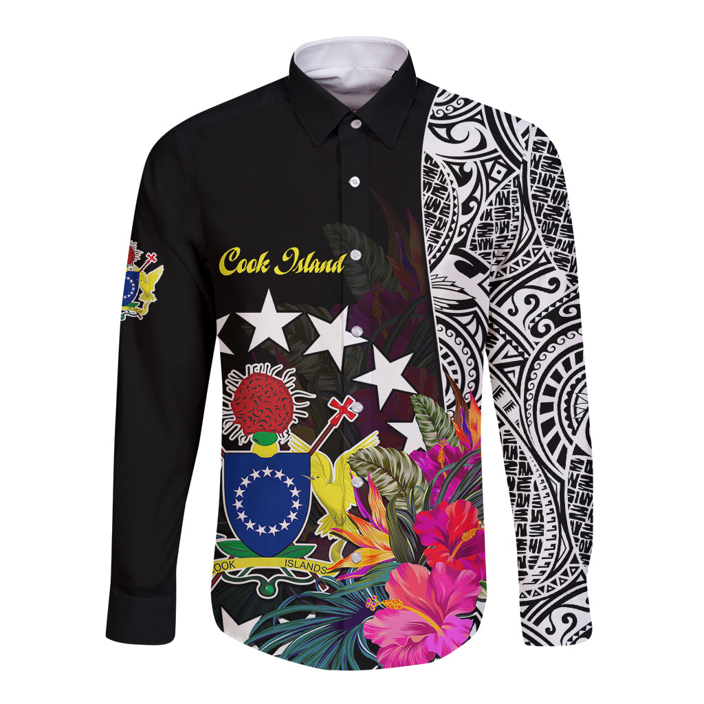 Cook Island Long Sleeve Button Shirt Tribal Polynesian and Tropical Flowers LT9 Unisex Black - Polynesian Pride