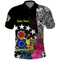 Cook Island Polo Shirt Tribal Polynesian and Tropical Flowers LT9 Black - Polynesian Pride