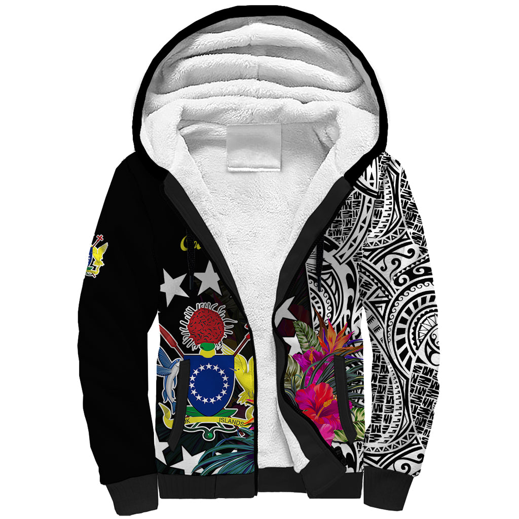 Cook Island Sherpa Hoodie Tribal Polynesian and Tropical Flowers LT9 Unisex Black - Polynesian Pride