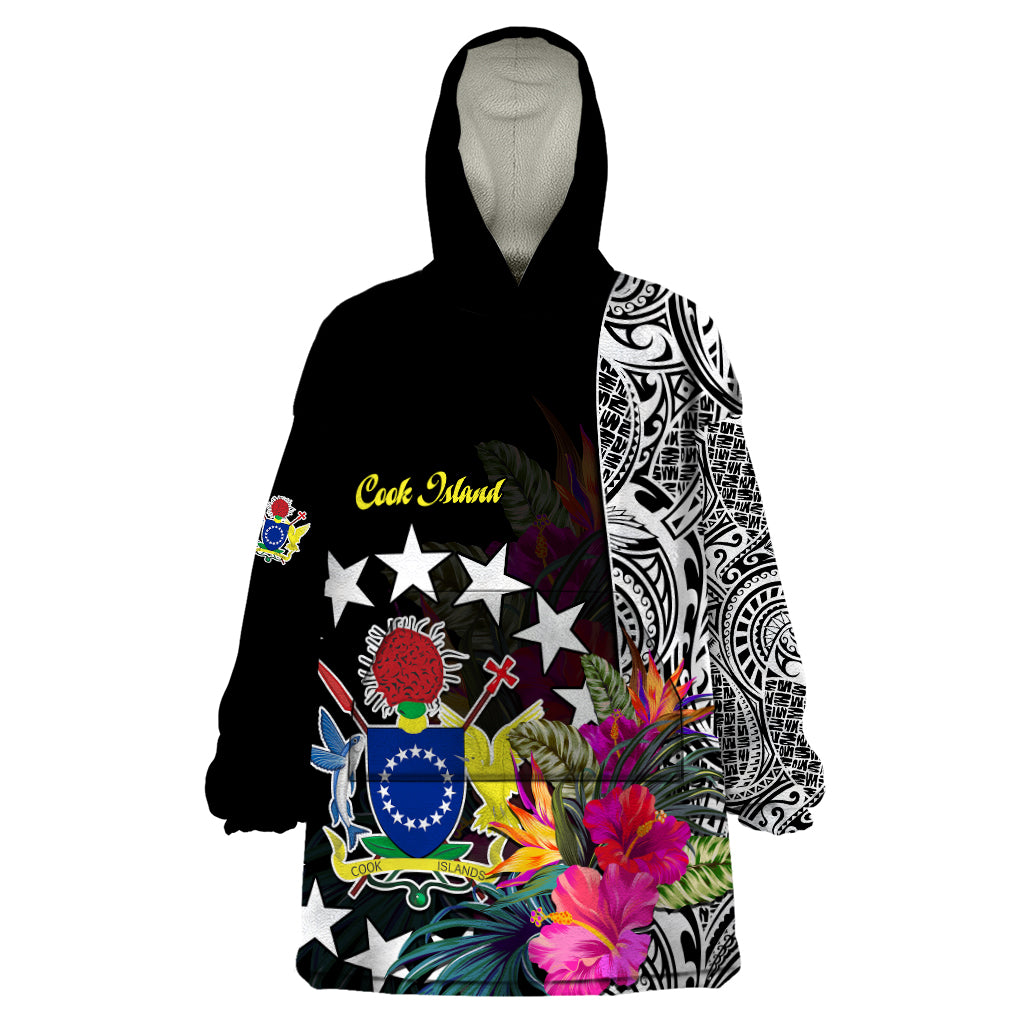 Cook Island Wearable Blanket Hoodie Tribal Polynesian and Tropical Flowers LT9 One Size Black - Polynesian Pride