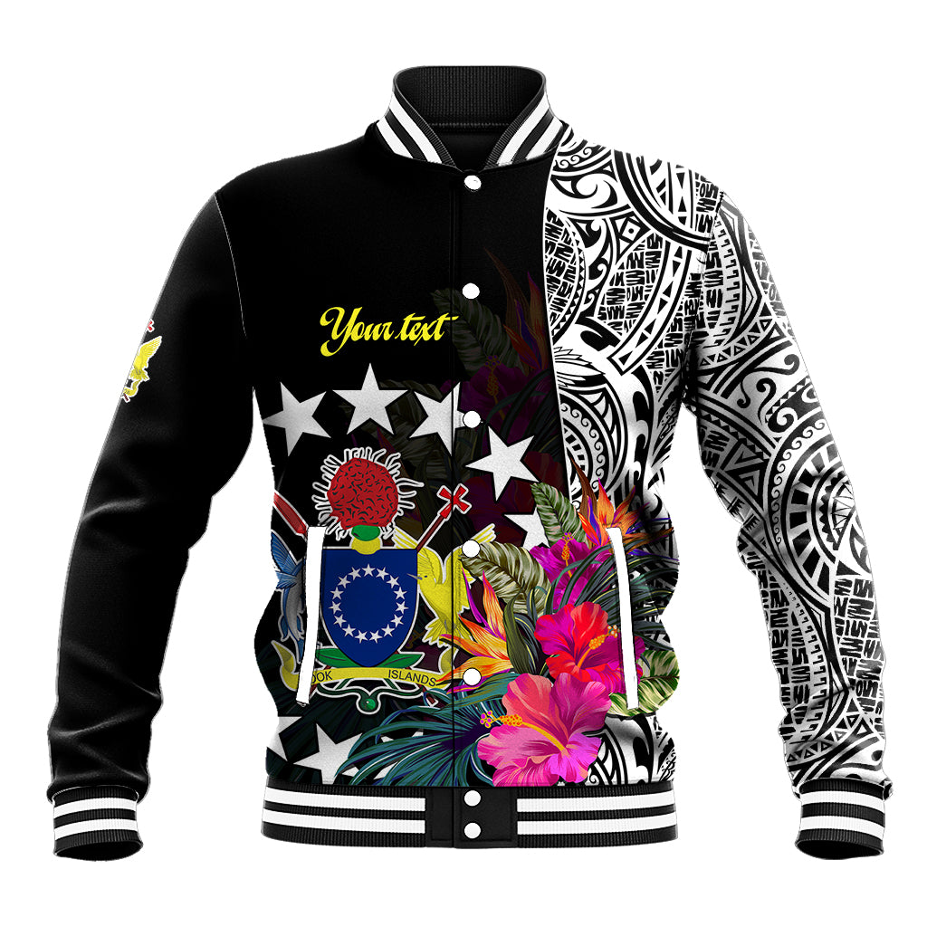 (Custom Personalised) Cook Island Baseball Jacket Tribal Polynesian and Tropical Flowers LT9 Unisex Black - Polynesian Pride