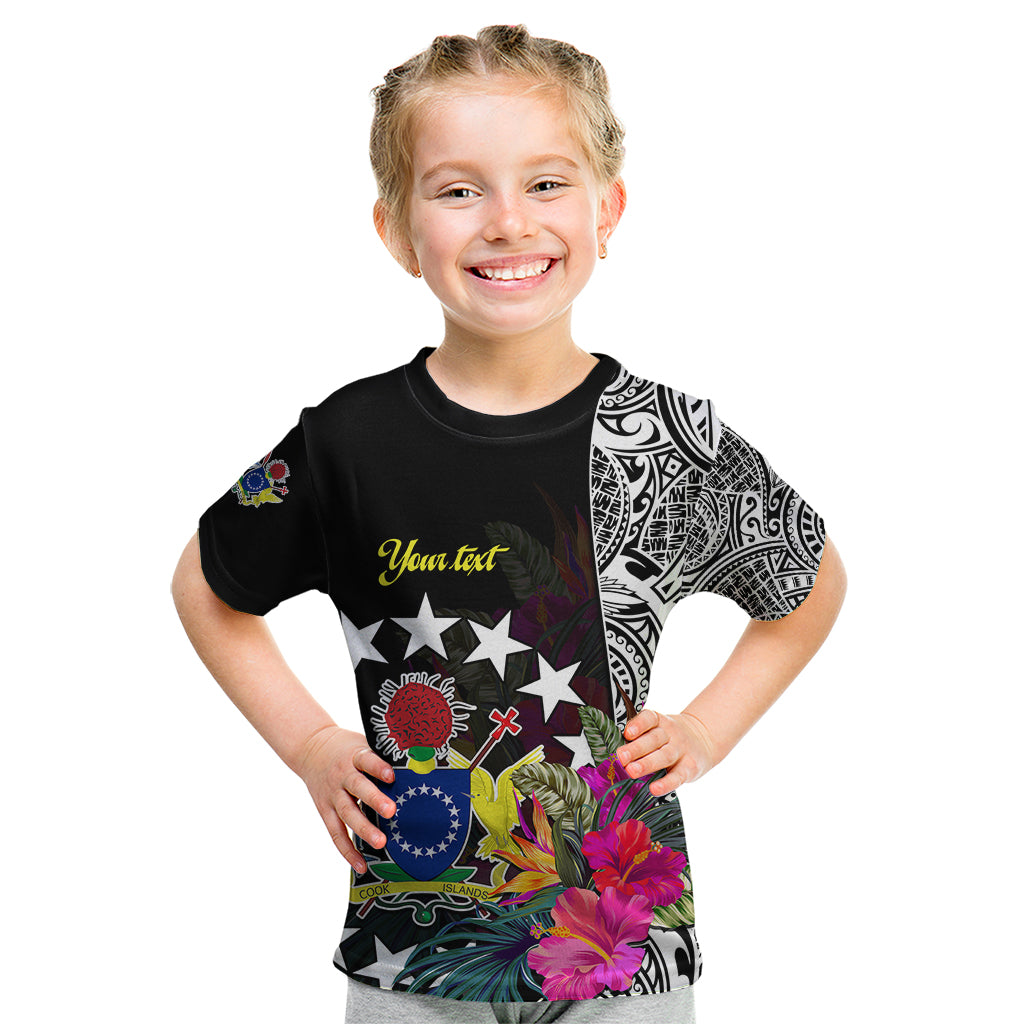 (Custom Personalised) Cook Island Kid T Shirt Tribal Polynesian and Tropical Flowers LT9 Black - Polynesian Pride