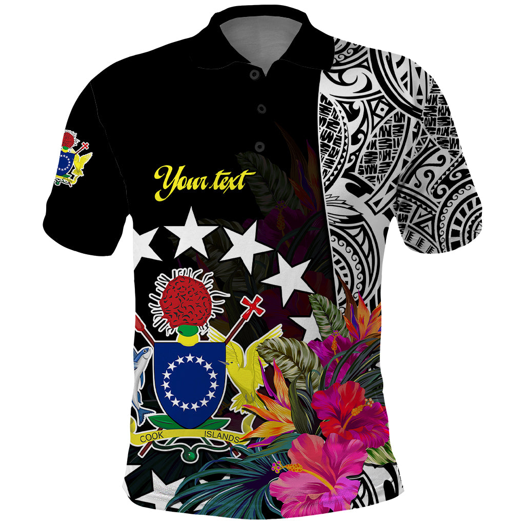 Custom Cook Island Polo Shirt Tribal Polynesian and Tropical Flowers LT9 Black - Polynesian Pride