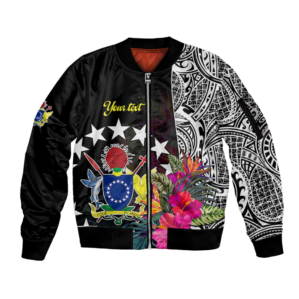 (Custom Personalised) Cook Island Sleeve Zip Bomber Jacket Tribal Polynesian and Tropical Flowers LT9 Unisex Black - Polynesian Pride