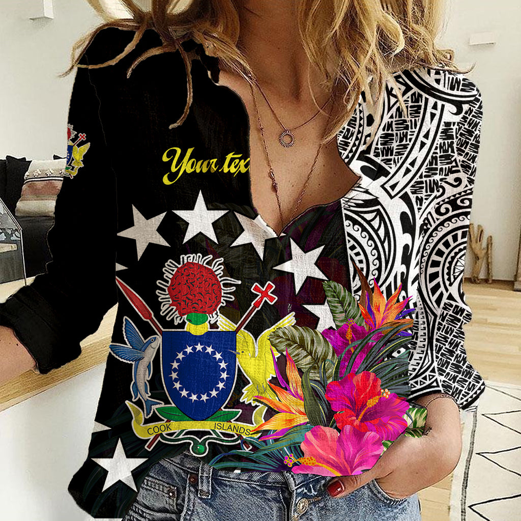 (Custom Personalised) Cook Island Women Casual Shirt Tribal Polynesian and Tropical Flowers LT9 Female Black - Polynesian Pride