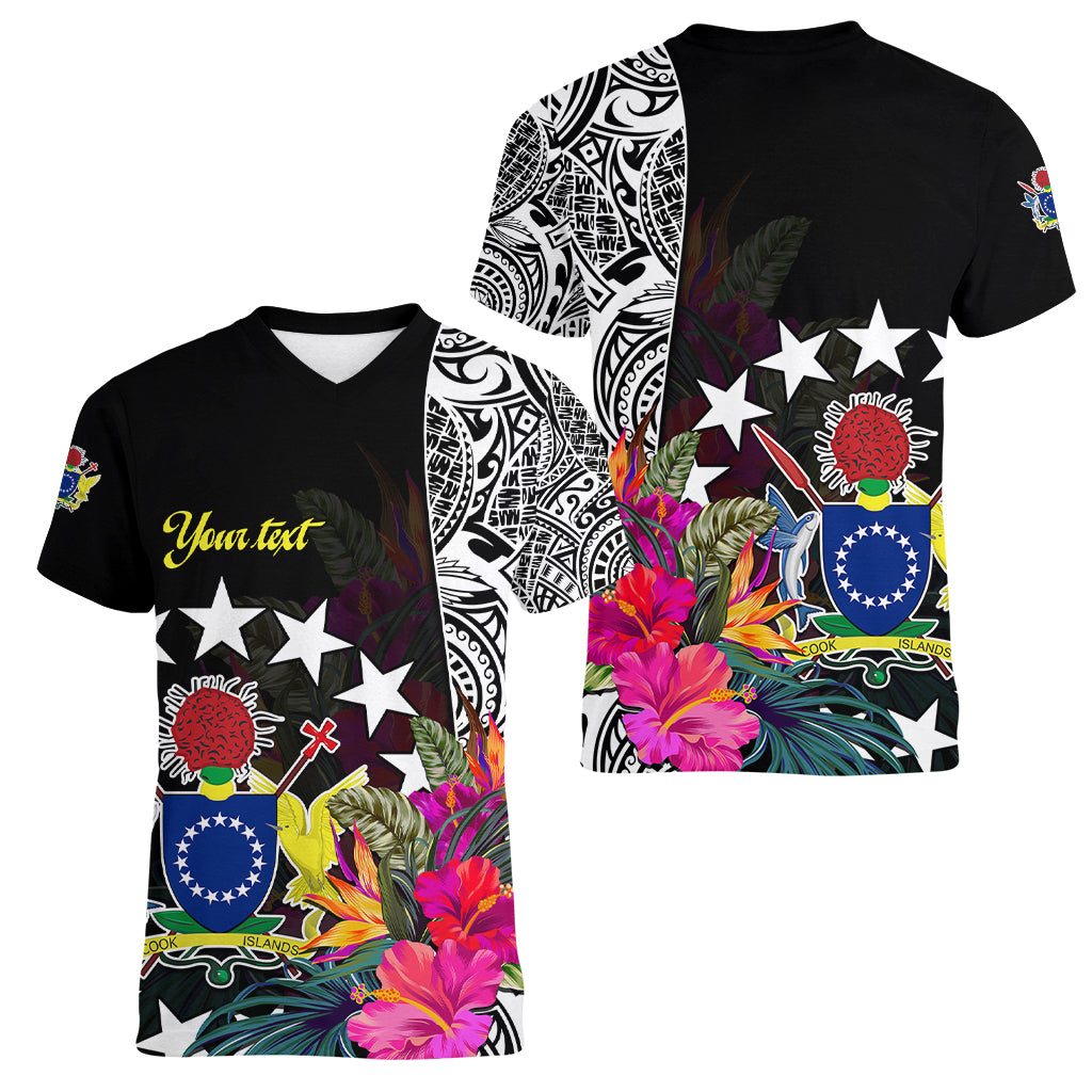 (Custom Personalised) Cook Island Women V Neck T Shirt Tribal Polynesian and Tropical Flowers LT9 Female Black - Polynesian Pride