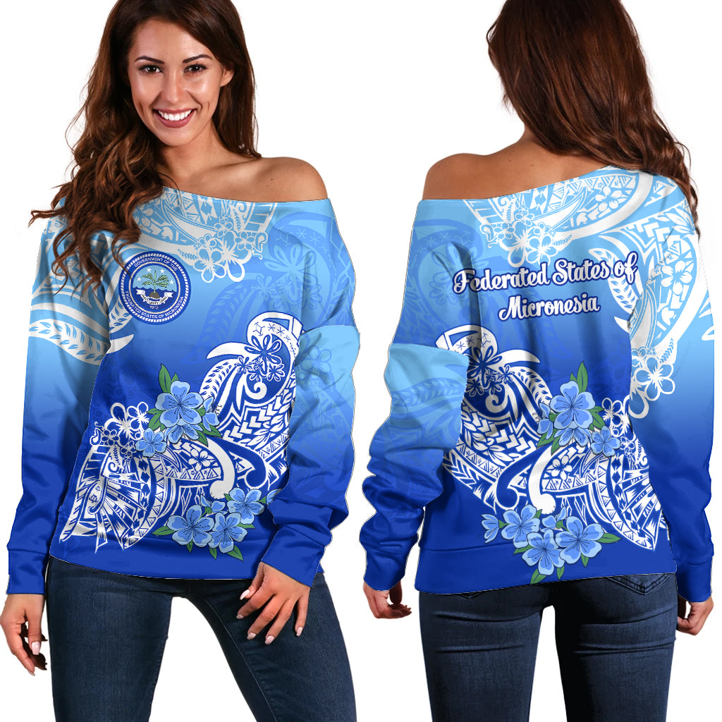 Federated States Of Micronesia Off Shoulder Sweater Polynesian Floral Tribal LT9 Women Blue - Polynesian Pride