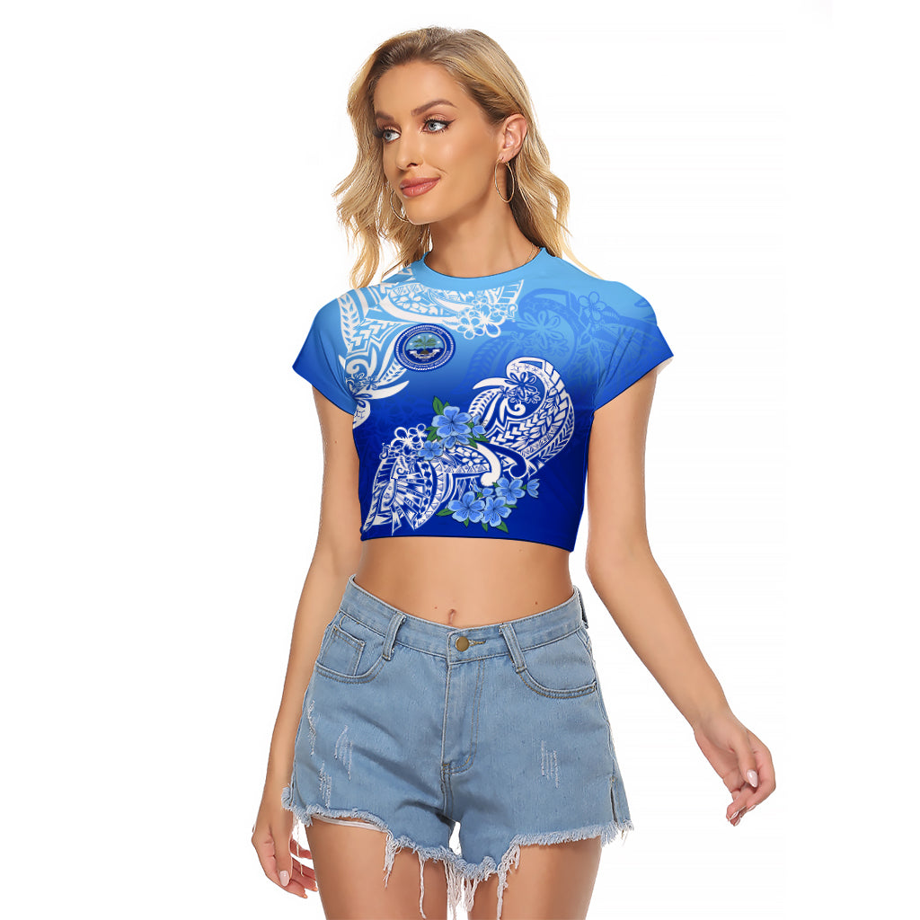 (Custom Personalised) Federated States Of Micronesia Raglan Cropped T Shirt Polynesian Floral Tribal LT9 Female Blue - Polynesian Pride