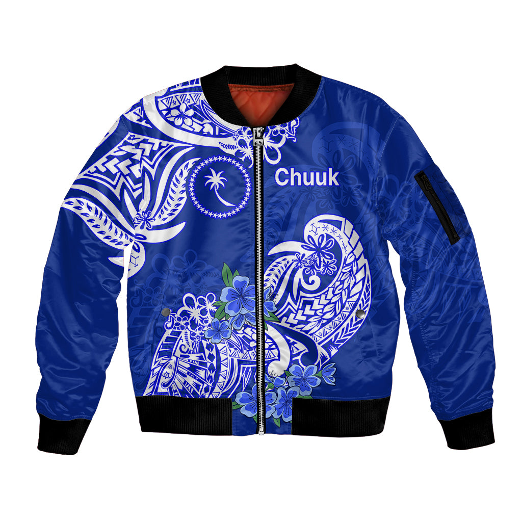 FSM Chuuk State Sleeve Zip Bomber Jacket Polynesian Floral Tribal LT9 Unisex Blue - Polynesian Pride