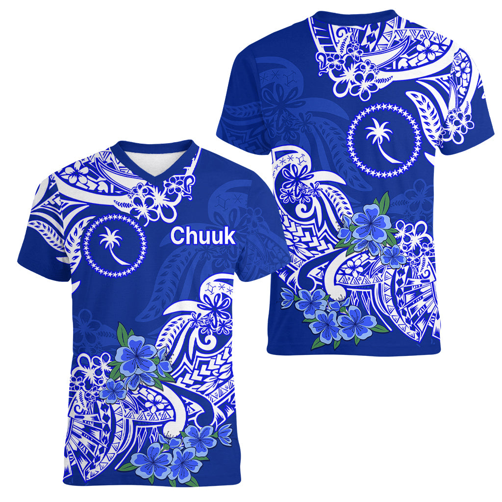 FSM Chuuk State Women V Neck T Shirt Polynesian Floral Tribal LT9 Female Blue - Polynesian Pride