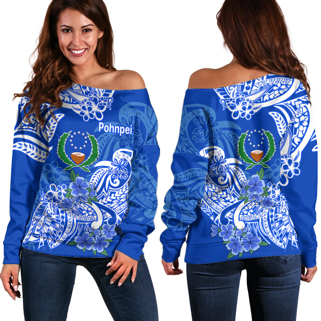 FSM Pohnpei State Off Shoulder Sweater Polynesian Floral Tribal LT9 Women Blue - Polynesian Pride