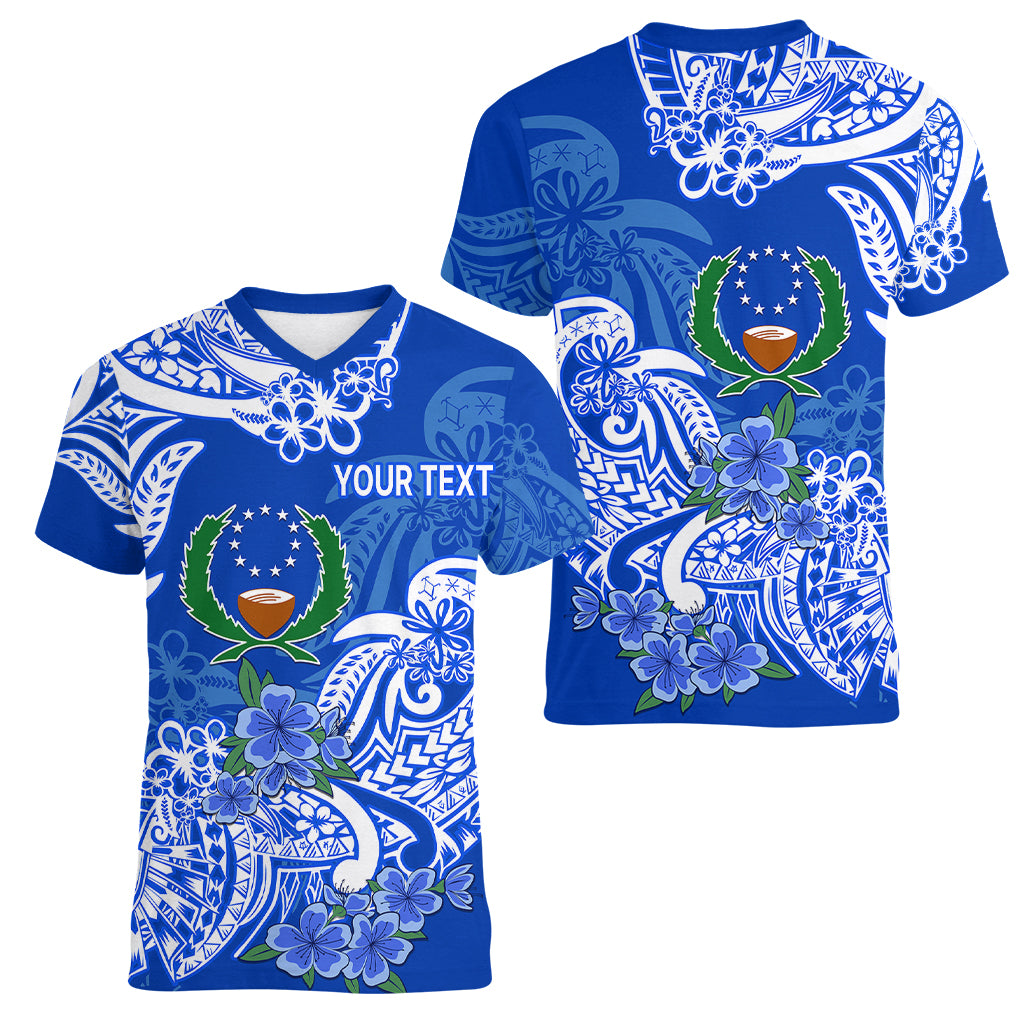 (Custom Personalised) FSM Pohnpei State Women V Neck T Shirt Polynesian Floral Tribal LT9 Female Blue - Polynesian Pride