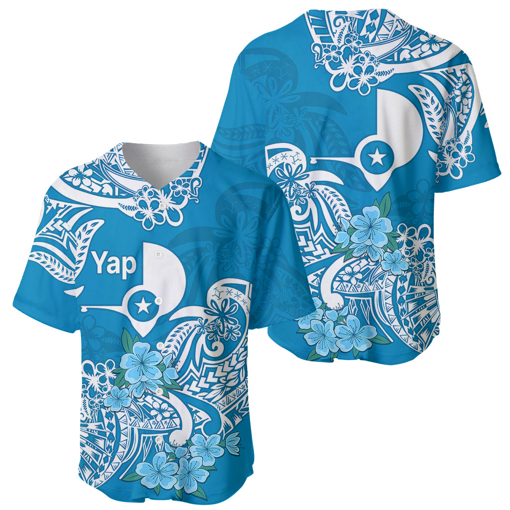 FSM Yap State Baseball Jersey Polynesian Floral Tribal LT9 Blue - Polynesian Pride