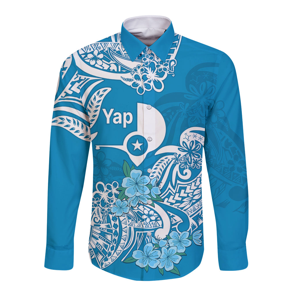 FSM Yap State Long Sleeve Button Shirt Polynesian Floral Tribal LT9 Unisex Blue - Polynesian Pride