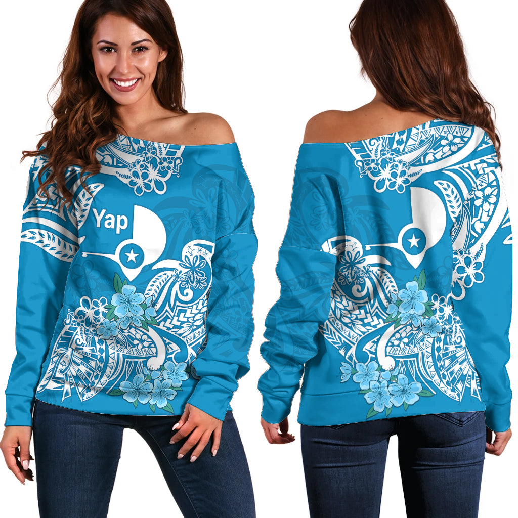 FSM Yap State Off Shoulder Sweater Polynesian Floral Tribal LT9 Women Blue - Polynesian Pride