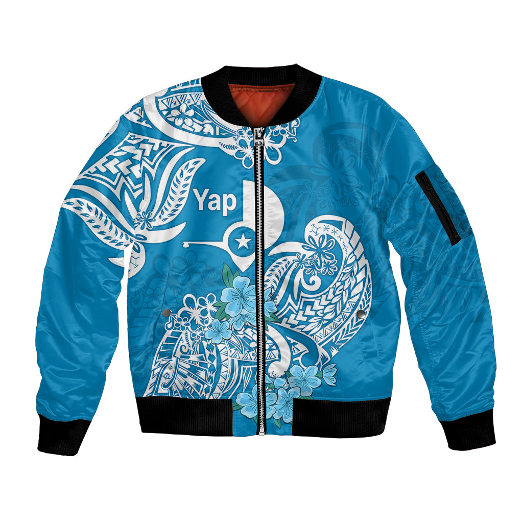 FSM Yap State Sleeve Zip Bomber Jacket Polynesian Floral Tribal LT9 Unisex Blue - Polynesian Pride