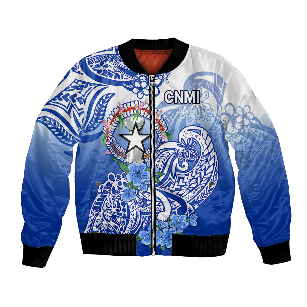 Northern Mariana Islands Bomber Jacket Polynesian Floral Tribal LT9 Unisex Blue - Polynesian Pride