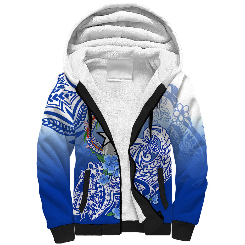 Northern Mariana Islands Sherpa Hoodie Polynesian Floral Tribal LT9 Unisex Blue - Polynesian Pride