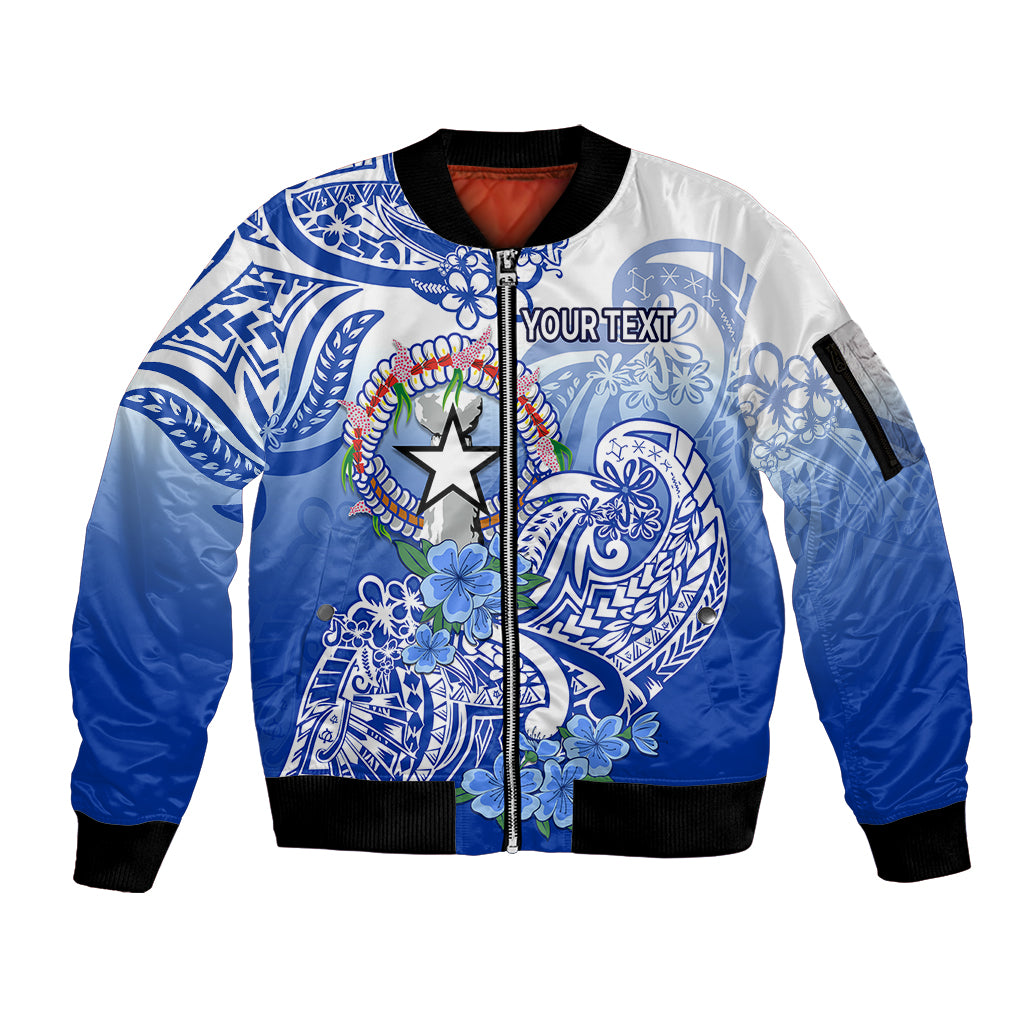 (Custom Personalised) Northern Mariana Islands Sleeve Zip Bomber Jacket Polynesian Floral Tribal LT9 Unisex Blue - Polynesian Pride